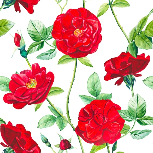 Seamless floral pattern with watercolor red roses