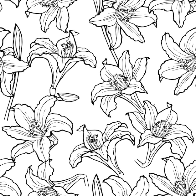 Seamless flower pattern background with Lily flower and leaf drawing illustration.