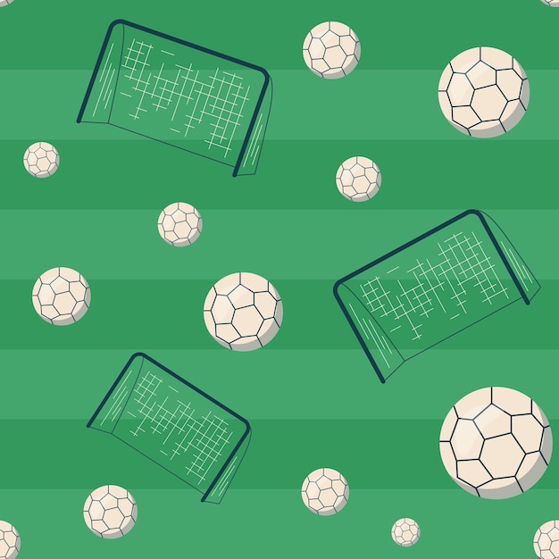 Seamless football pattern with soccer goals and balls on a green background vector football pattern