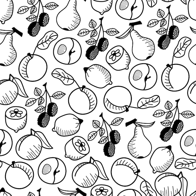 Seamless fruit pattern Vector print with lemon apple blackberry pear and peach