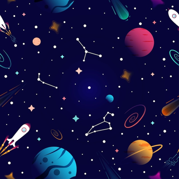 Seamless galaxy space pattern with constellations and planets