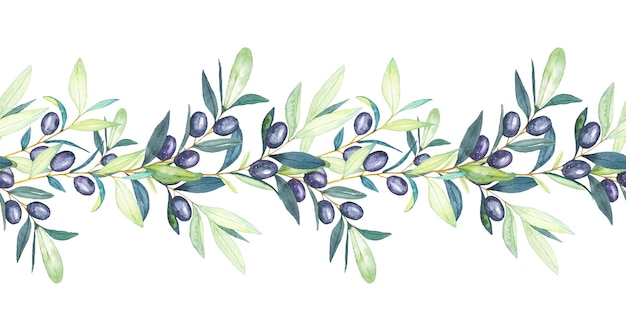 Seamless garland of olive branches border with olive branches Watercolor