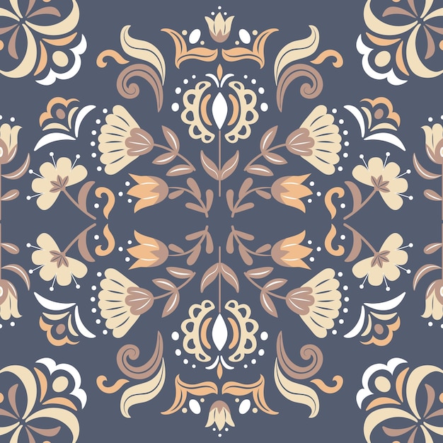 Seamless geometric ethnic pattern flowers in Scandinavian or Slavic style Floral symmetrical vintage motif For wallpaper fabric wrapping background