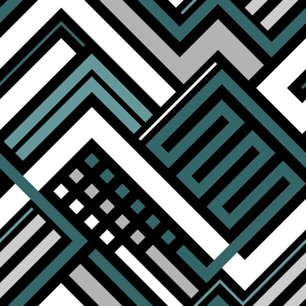 Seamless geometric pattern with green and white lines on a black background in vector