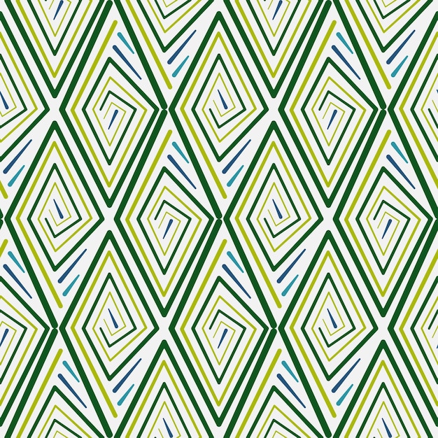 Seamless geometric pattern with rhombuses Tropical ethnic ornament Green spirals curl on gray