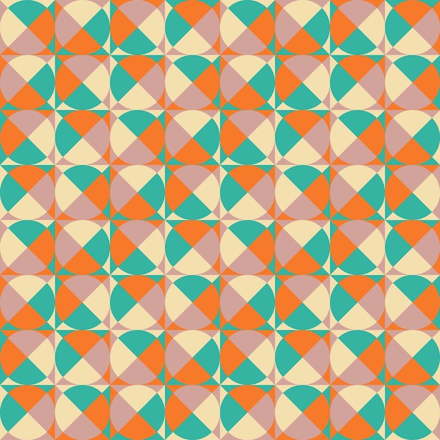 Seamless geometric simple pattern of colored triangles and circles, mosaic. Wrapping paper, tablecloth, bed linen.