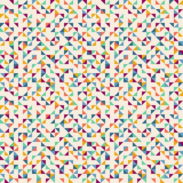 Seamless geometric simple pattern of colored triangles, mosaic. Beige background. Wrapping paper.