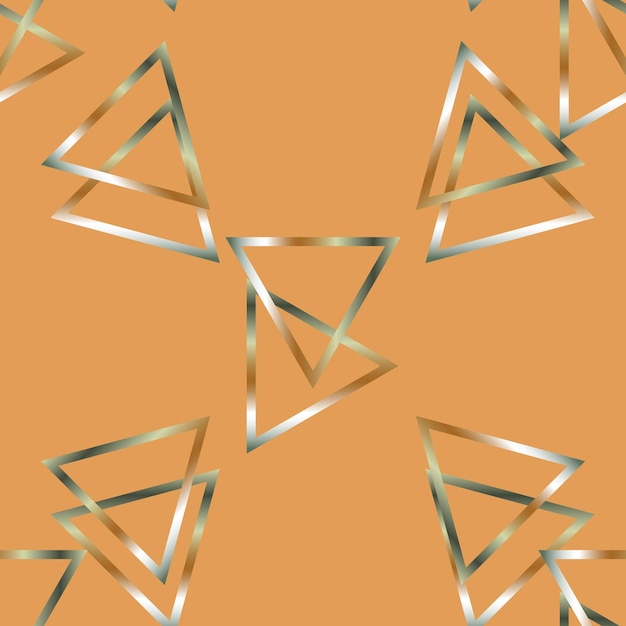 Seamless geometric vector pattern with metallic triangles on orange backdrop silver gradient shapes