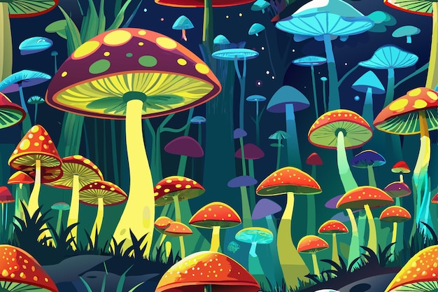 Seamless Glowing Mushrooms Vector Pattern Mystical Forest Design for Fabric Wallpaper amp Crafts