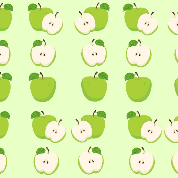 Seamless green apple fruit pattern whole and half