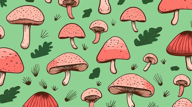 Seamless Green Doodle Mushroom Pattern on Pastel Background