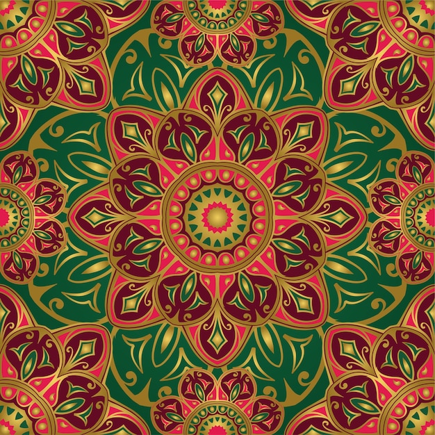 Seamless green and pink pattern with mandalas.