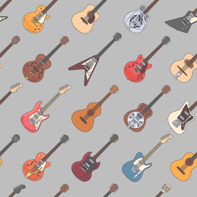 Seamless guitar pattern. Different colorfull outline acoustic &amp; electric guitars on gray background. Vector illustration.