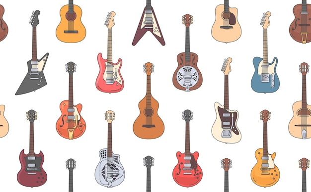 Seamless guitar pattern. Different colorfull outline acoustic &amp; electric guitars on white background. Vector illustration.