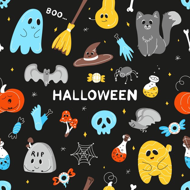 Seamless Halloween background Halloween theme Halloween doodles set of Halloween elements