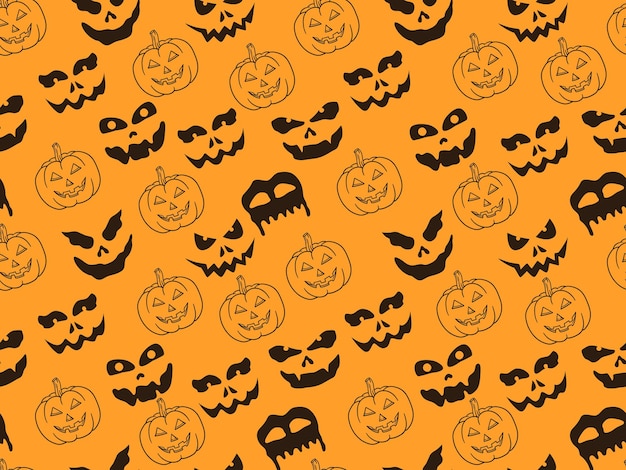 Seamless Halloween faces pattern with spooky scary pumpkin repeating print