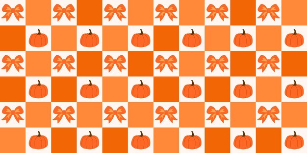 Vector seamless halloween pattern features pumpkins and bows in orange colors checkered background groovy g