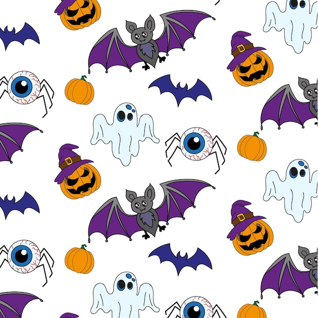 Seamless halloween pattern Pumpkin ghost witch hat eyeball spidervector illustration Bat halloween