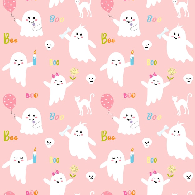 Seamless halloween pattern with cute pink ghosts boo quote white cat and skull Pink childish print