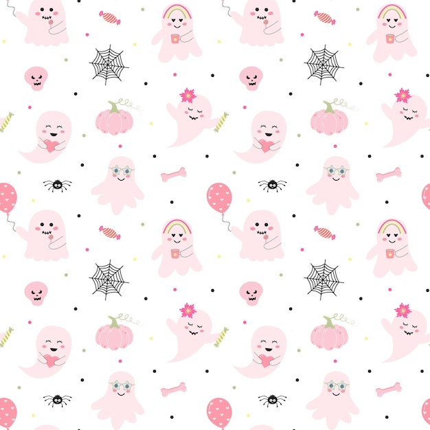 Seamless halloween pattern with cute pink ghosts web pumpkin spider skull candy and bone