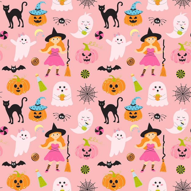 Seamless halloween pattern with cute witch pink ghosts bat web scary pumpkins cat candies and poison