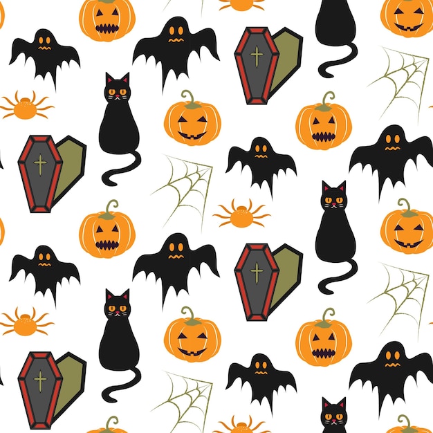 Seamless Halloween pattern with pumpkins black cats and coffins