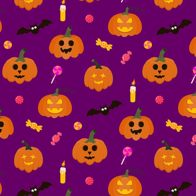 Seamless Halloween Pattern with pumpkins candy bat and candle