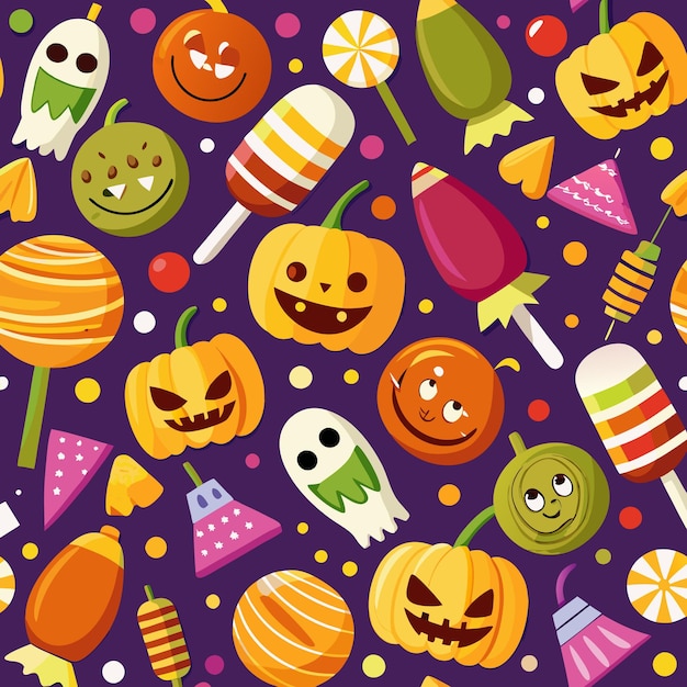 Vector seamless halloween pattern with pumpkins ghosts candies and lollipops on purple background