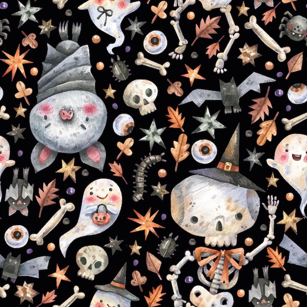 Seamless Halloween pattern with skeletons, skulls, bats in cartoon style.