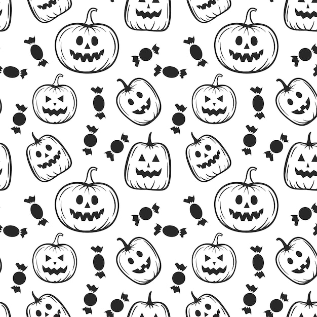 seamless halloween pattern with skulls bat pumpkin witch hat broom candies and spiders black and white