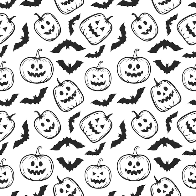 seamless halloween pattern with skulls bat pumpkin witch hat broom candies and spiders black and white