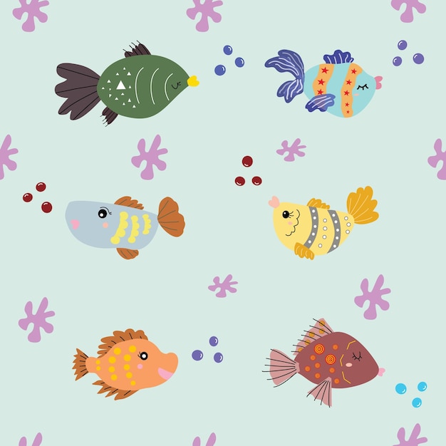 Seamless Hand Drawn Cute Fish Pattern Background