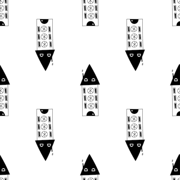 Seamless hand drawn doodle black and white house pattern background