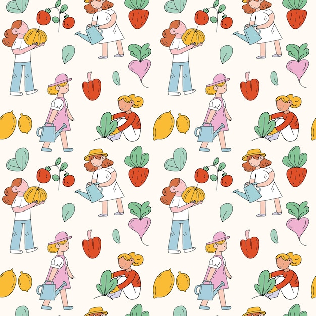 Seamless hand drawn flat pattern with kids, vegetables and gardening equipment.