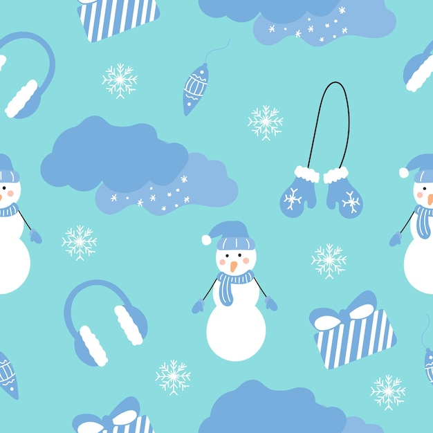 Seamless hand drawn pattern of winter elements on a light blue background