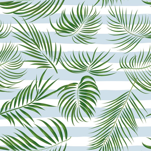 Seamless hand drawn tropical pattern with palm leaves jungle exotic leaf on white background