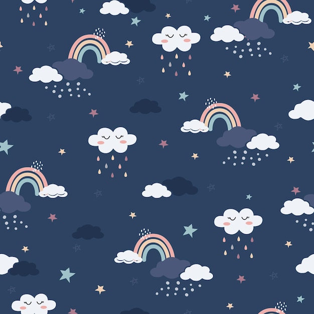 Seamless hand drawn vector pattern with cute cartoon rainbow, clouds and stars.  Design for, wallpap