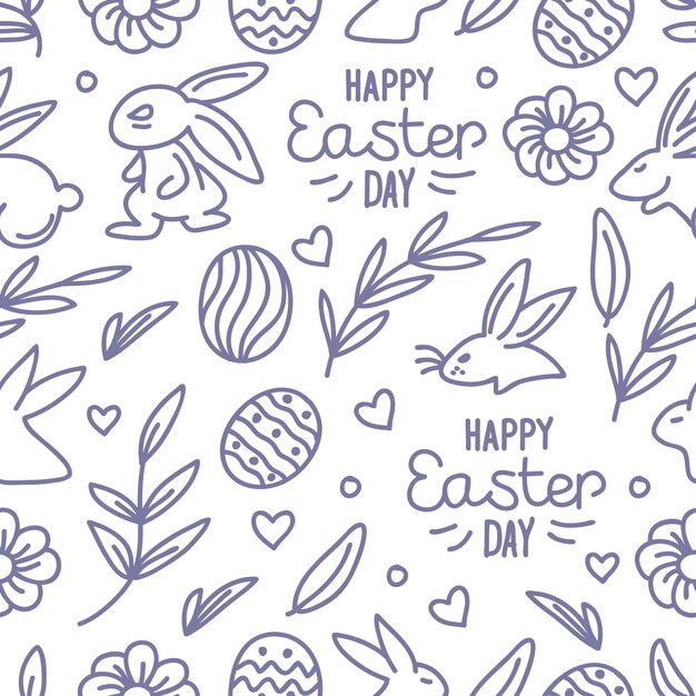 Vector seamless handdrawn pattern of rabbits bunnies eggs hearts flowers and leaves on a white background vector illustrations