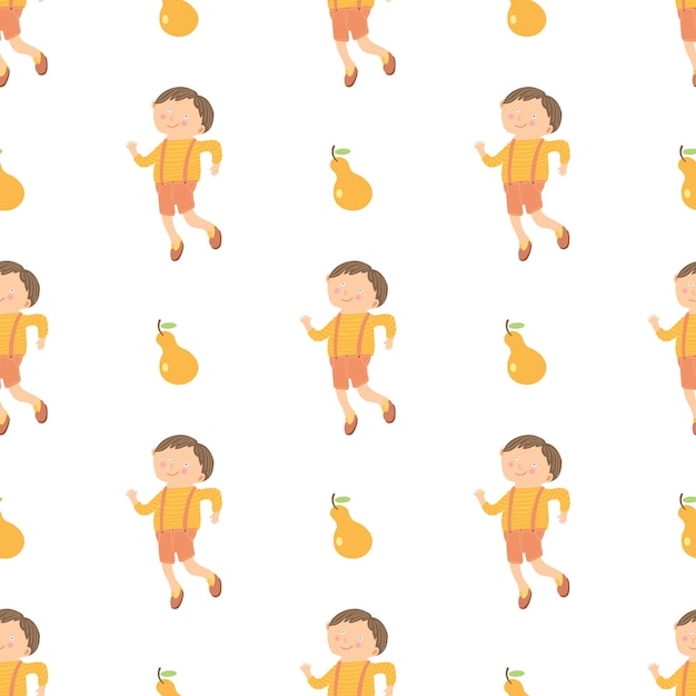 Seamless happy cartoon kids pattern with running and smiling little kindergarten boy vector pattern