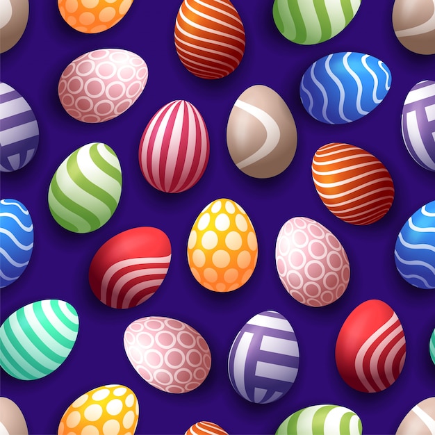 Seamless Happy Easter pattern with realistic eggs with different ornament