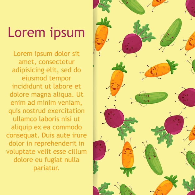 Seamless happy vegetables character food fun illustration background pattern in vector.