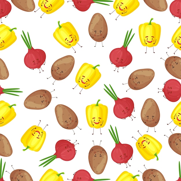 Seamless happy vegetables food fun illustration background pattern in vector