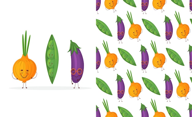 Seamless happy vegetables food fun illustration background pattern in vector.