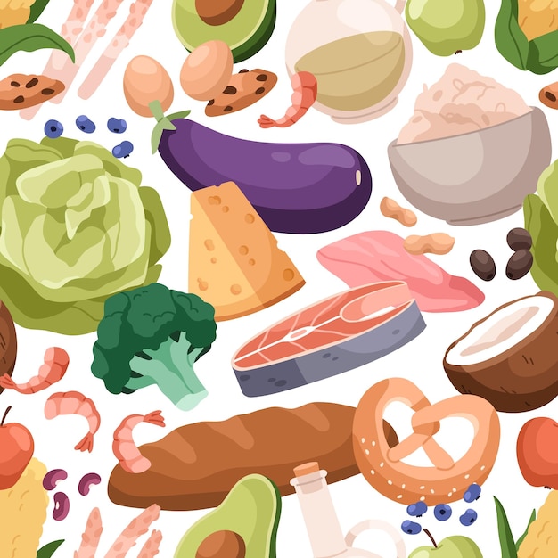 Seamless healthy food pattern. Background design with fruits, vegetables, fish, meat. Different varied eating, nutrition repeating print. Colored flat cartoon vector illustration for textile, decor.