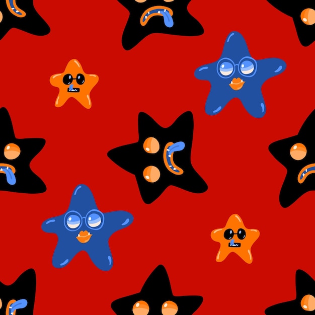 Seamless hello halloween party bright pattern with blue and black smiling and sad star faces on red