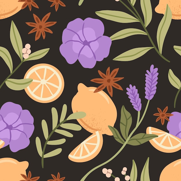 Seamless herbal, floral, fruit pattern. Endless background with aromatic herb, flower, plant, leaf, lemon, anise repeating print. Aroma phototherapy texture. Colored flat graphic vector illustration.