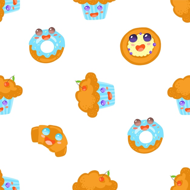 Seamless holiday food pattern with tasty muffins happy and fanny faces and cruasan for cafe textile