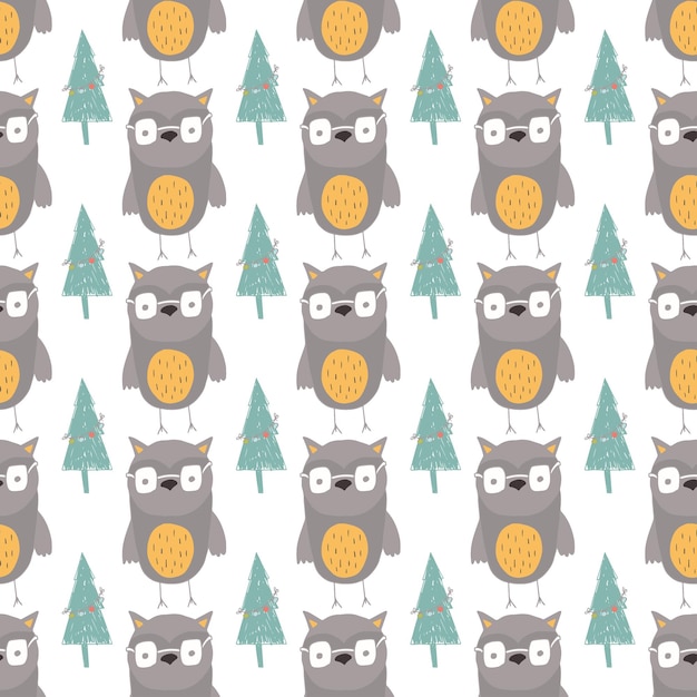 Seamless holiday pattern with forest and owl Hand drawn Christmas background for greeting card