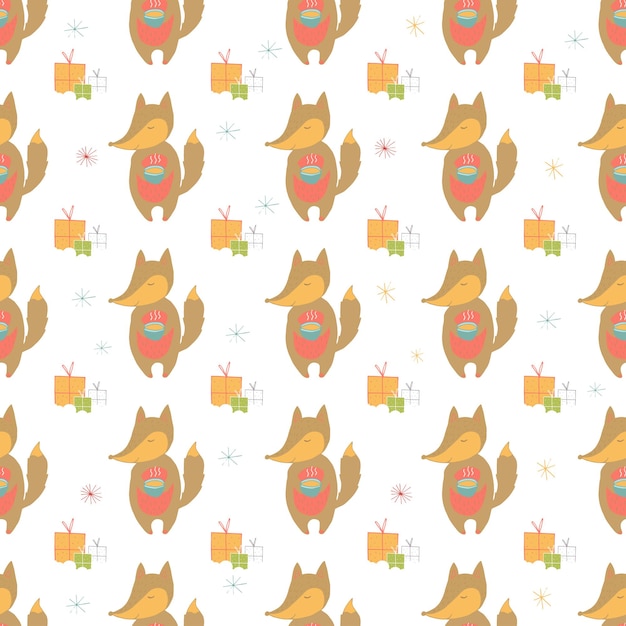 Seamless holiday pattern with fox and presents Hand drawn Christmas background for greeting card