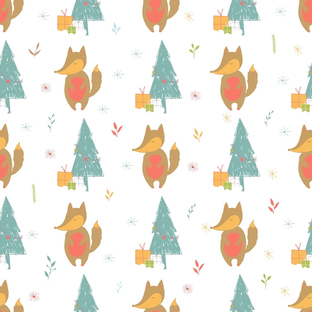 Seamless holiday pattern with fox and presents Hand drawn Christmas background for greeting card